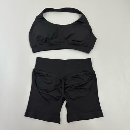 Yoga Shorts Sets Seamless Yoga Set Women 2Pcs Halter Sports Bra Scrunch Butt Gym Shorts Set Workout Clothes Summer Sportswear