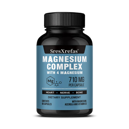 Magnesium Complex 710MG Capsules - 8 Chelated Forms + B/C/E Vitamins, Sleep Stress Relief, Bone Muscle Heart Health, Non-GMO