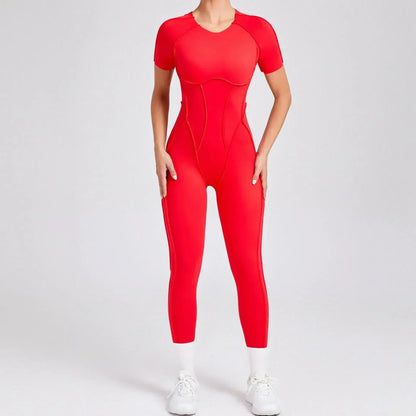 Seamless Yoga Jumpsuits Sports Fitness Combination Hip-lifting Open Back Short-sleeved Set Outdoors Gym Workout Tracksuits Women