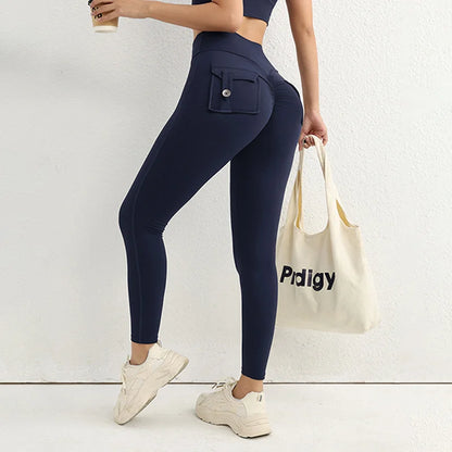 TRY TO BN Sports Gym Leggings Yoga Pants Fitness Scrunch Buttons Peach Hips High Waist Leggings With Pocket Running Tights Women