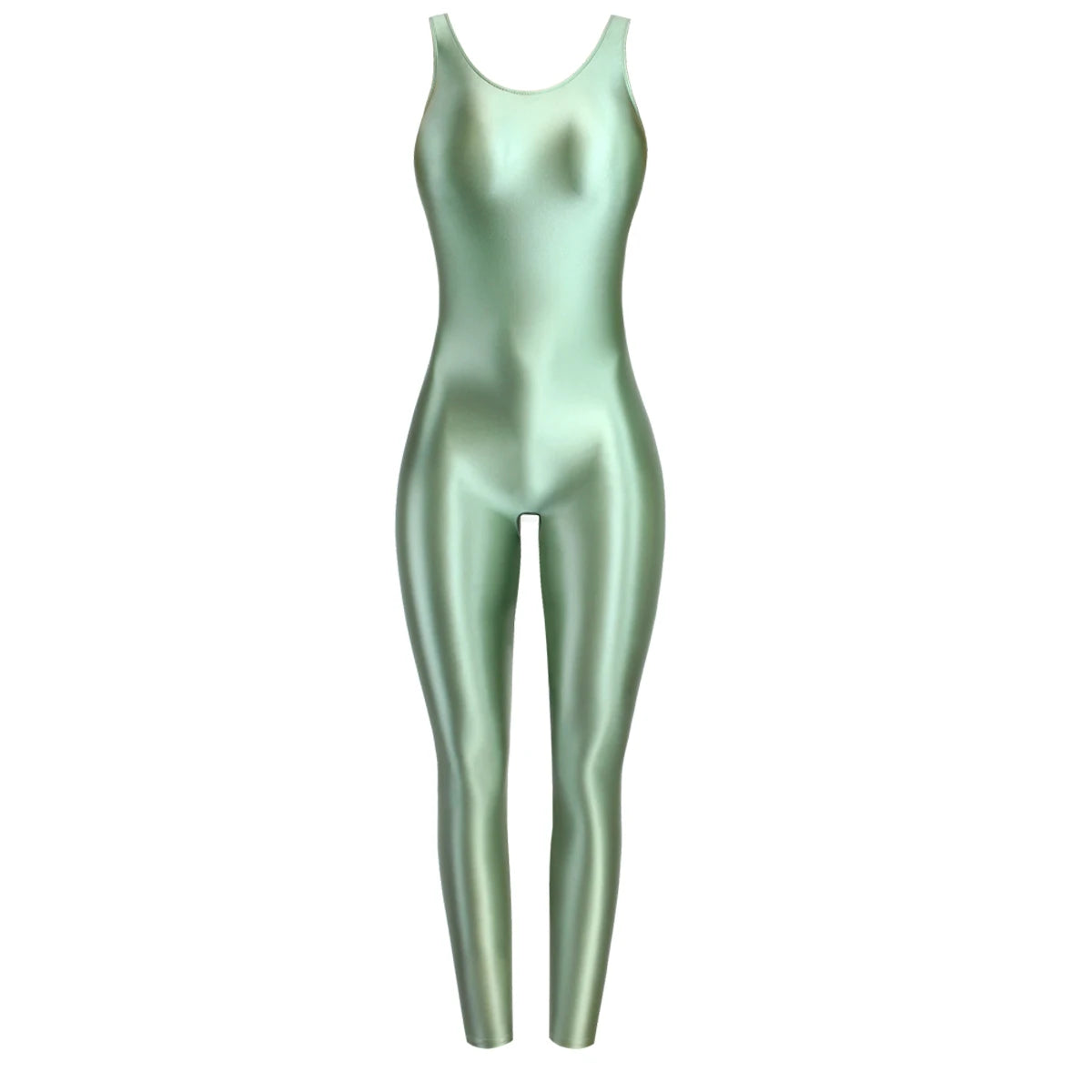 MJINM Glossy Spandex Smooth Stretch Sleeveless Bodybuilding Yoga Tight Vest Footless Leggings Jumpsuit Bodysuit Catsuit Playsuit