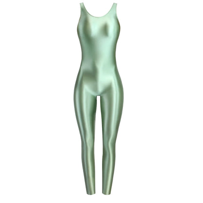 MJINM Glossy Spandex Smooth Stretch Sleeveless Bodybuilding Yoga Tight Vest Footless Leggings Jumpsuit Bodysuit Catsuit Playsuit