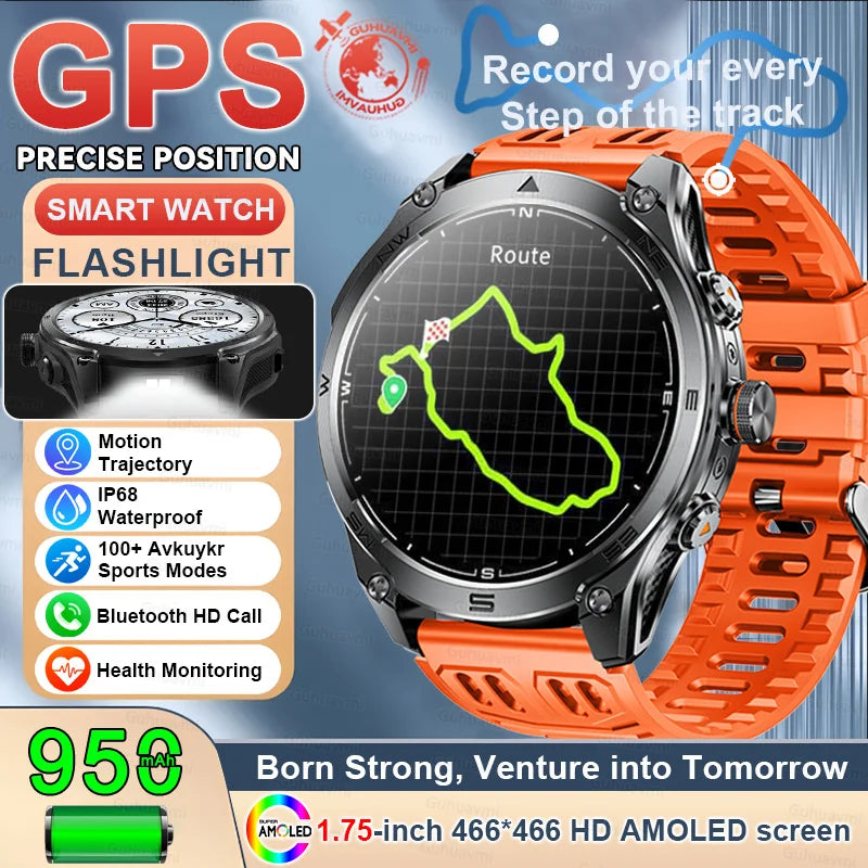 1.75-inch Built-in GPS Professional Outdoor SmartWatch New 50 Meter Waterproof dive Flashlight Bluetooth Call Smart Watches men
