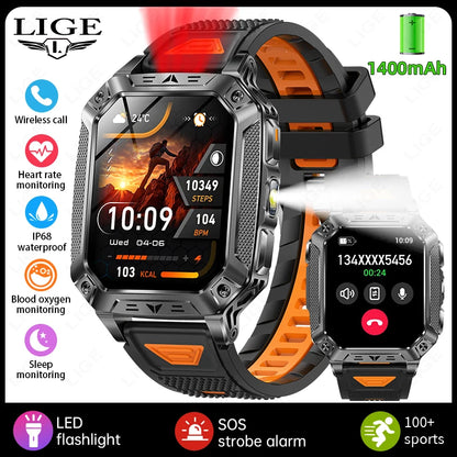 LIGE 1400mAh Large Capacity Battery Smart Watch Men Outdoor SOS Flashlight IP68 Sports Fitness Tracker Voice Calling Smartwatch