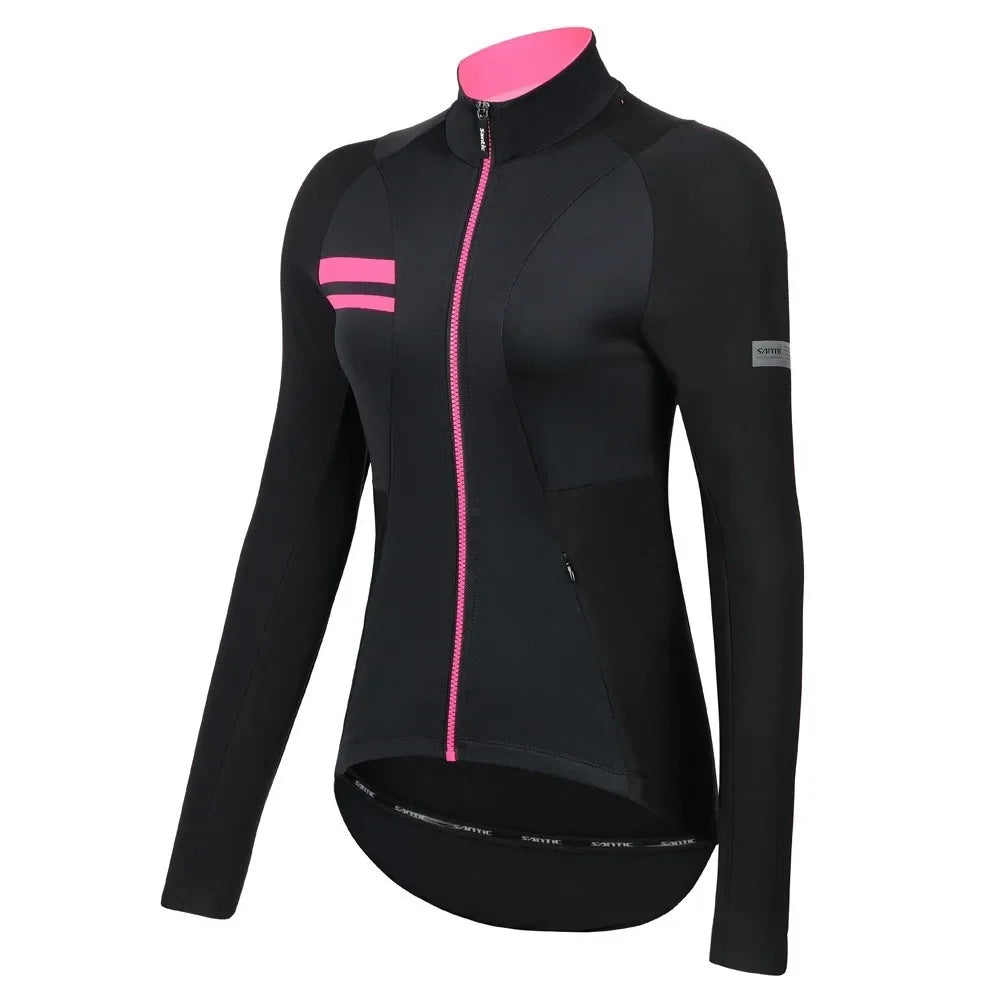 Santic Womens Fleece Bike Coat Winter Thermal Cycling Jackets Windproof Reflective Soft Shell MTB Bicycle Windbreaker Asian Size