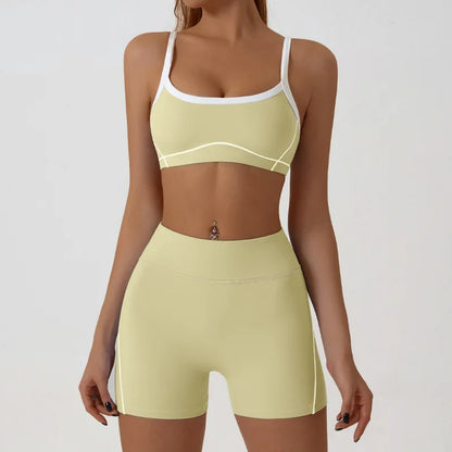 Nude High-elasticity Yoga Suit Contrasting Color Bra Halter Top Hip-lifting Fitness Line Shorts Pilates Sports Set