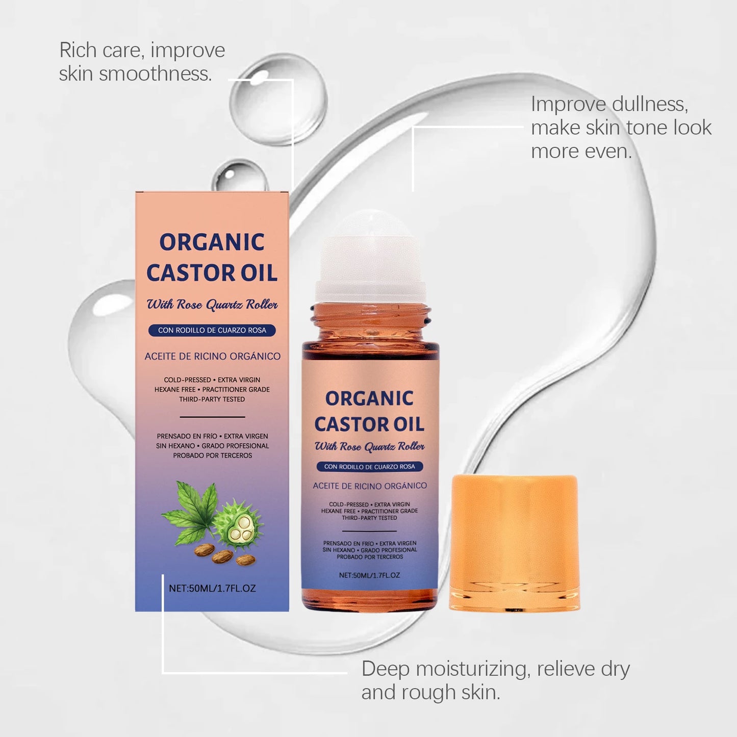 Organic Castor Oil Serum Roller Improve Skin Elasticity Deep Moisturizing Face Body Skin Massage Care Essence 50ml