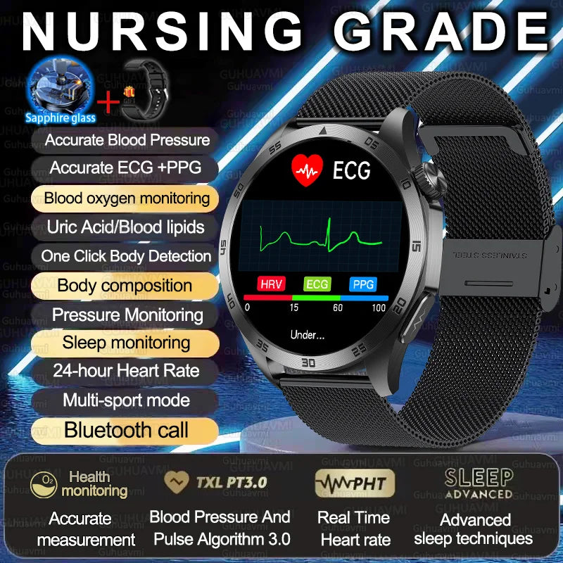 2025 New Nursing Grade Smart Watch ECG+PPG Blood Lipid Blood pressure Uric Acid HD Bluetooth Call Clock Health Smart Watch Men