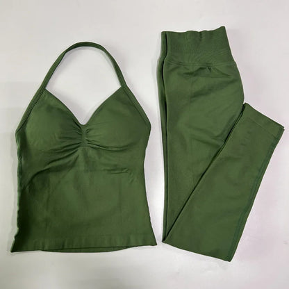 2Pcs Gym Set Women Backless Tank Tops High Waist Scrunch Seamless Shorts Gym Suit Fitness Clothes Activewear Workout Set