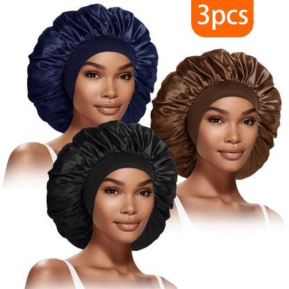 3pcs Satin Bonnet for Women Extra Wide Brim Silk Sleep Cap - Curly Hair Care, Gym & Travel, Breathable Elastic Band