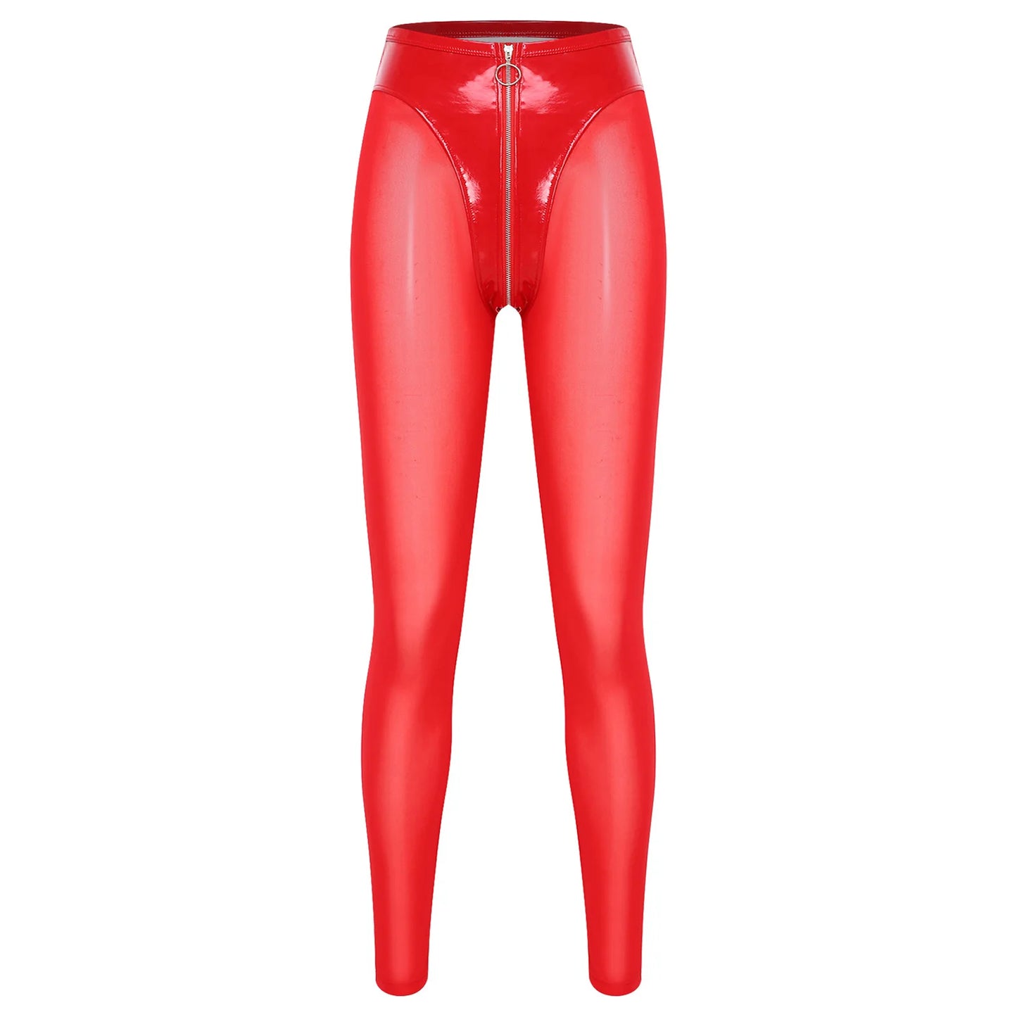Women Y2K Style Glossy Red Skinny Tights Pants Leggings Glossy PU Leather Zipper Crotch Sheer Mesh Legs Patchwork Tights Pants