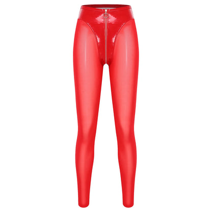 Women Y2K Style Glossy Red Skinny Tights Pants Leggings Glossy PU Leather Zipper Crotch Sheer Mesh Legs Patchwork Tights Pants