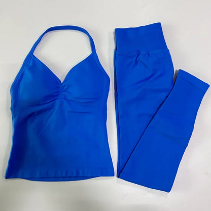 2Pcs Gym Set Women Backless Tank Tops High Waist Scrunch Seamless Shorts Gym Suit Fitness Clothes Activewear Workout Set