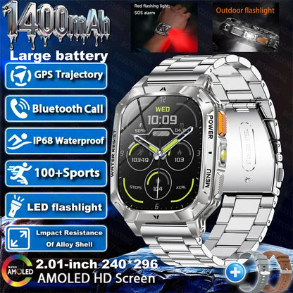 Outdoor military Smart Watch 1400mAh Battery Fitness Tracking 10ATM Waterproof Tactical Sports Flashlight Men's Phone Watches