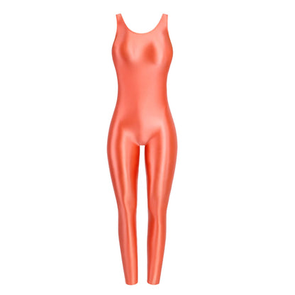 MJINM Glossy Spandex Smooth Stretch Sleeveless Bodybuilding Yoga Tight Vest Footless Leggings Jumpsuit Bodysuit Catsuit Playsuit