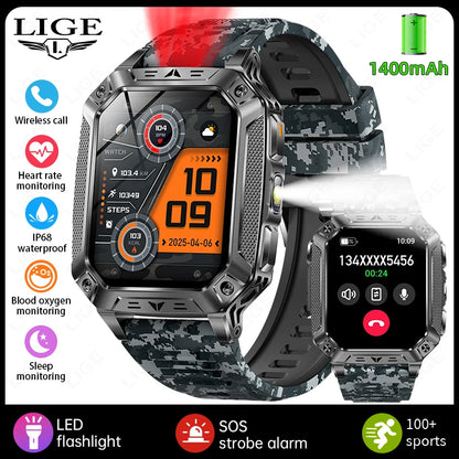 LIGE 1400mAh Large Capacity Battery Smart Watch Men Outdoor SOS Flashlight IP68 Sports Fitness Tracker Voice Calling Smartwatch