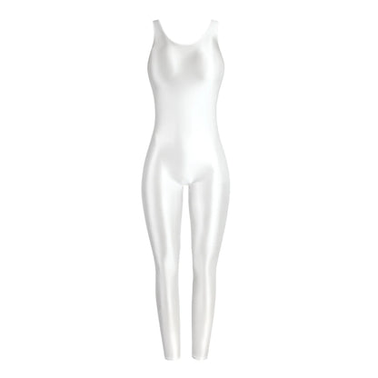 MJINM Glossy Spandex Smooth Stretch Sleeveless Bodybuilding Yoga Tight Vest Footless Leggings Jumpsuit Bodysuit Catsuit Playsuit