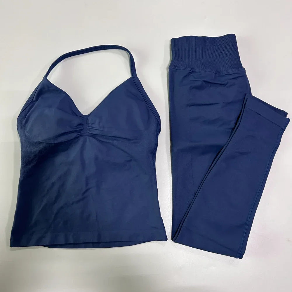 2Pcs Gym Set Women Backless Tank Tops High Waist Scrunch Seamless Shorts Gym Suit Fitness Clothes Activewear Workout Set