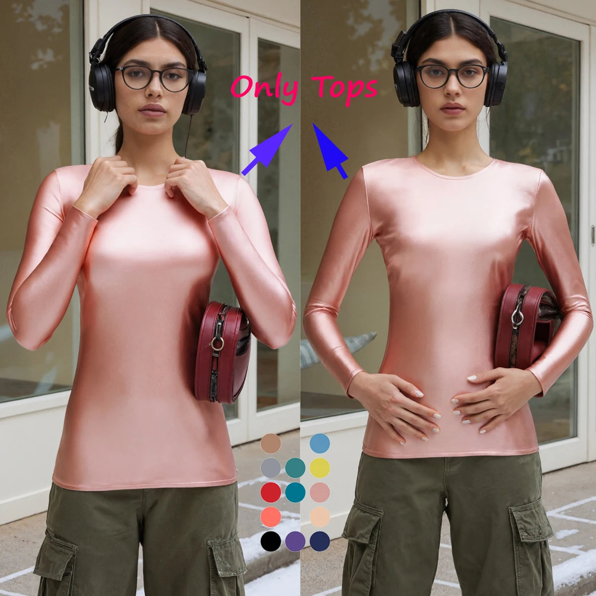 MJINM Glossy Satin Elastic Crewneck Longsleeve Breathable Tops Blouse Streetwear Sport Fitness Yoga Tees Casual Tight Undershirt