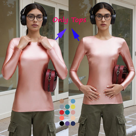 MJINM Glossy Satin Elastic Crewneck Longsleeve Breathable Tops Blouse Streetwear Sport Fitness Yoga Tees Casual Tight Undershirt