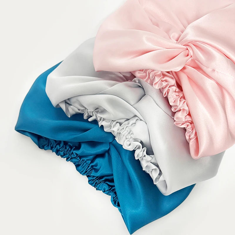 Double Layers 100% Silk Twisted Sleeping Bonnet Natural Silk Turban With Elastic Ribbon Women Headwrap For Hair Care 19Momme