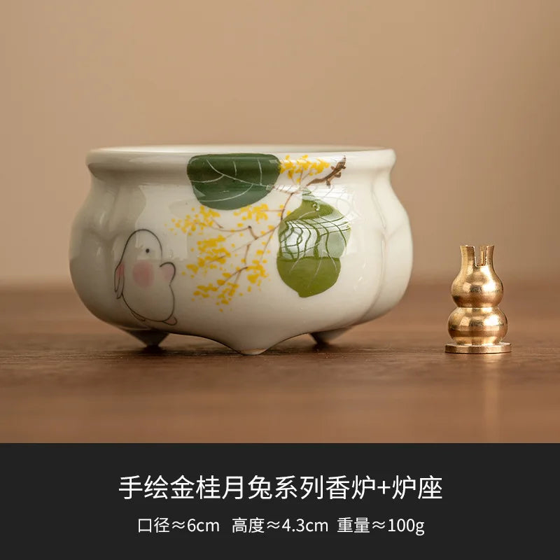 Emerald Green Asparagus Fern Three-Legged Incense Burner Home Indoor Chinese Zen Tea Set Ceramic Aromatherapy Stove Tea Ceremony