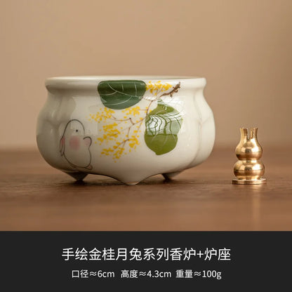 Emerald Green Asparagus Fern Three-Legged Incense Burner Home Indoor Chinese Zen Tea Set Ceramic Aromatherapy Stove Tea Ceremony