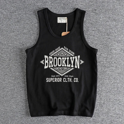 Summer New 230g American Retro Sleeveless O-neck Letter Printed T-shirt Men's 100% Cotton Washed Casual Sports Fitness Vest Tops