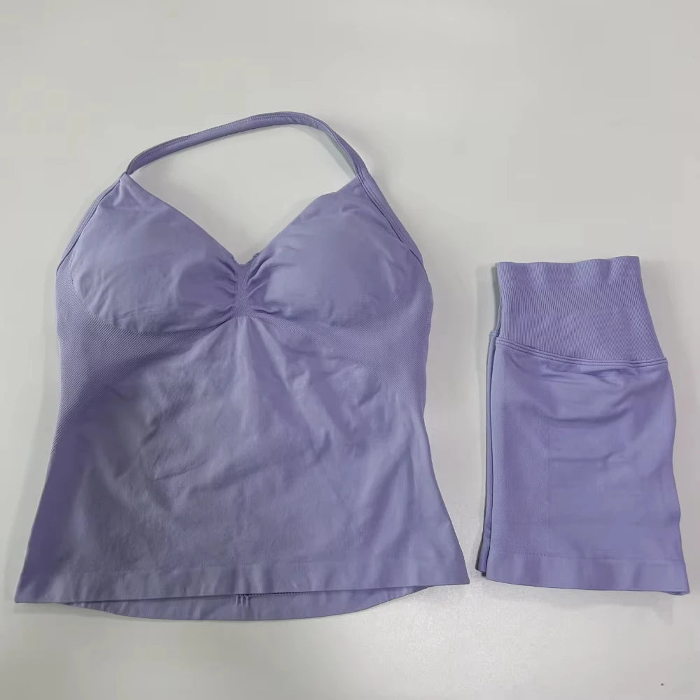 2Pcs Gym Set Women Backless Tank Tops High Waist Scrunch Seamless Shorts Gym Suit Fitness Clothes Activewear Workout Set