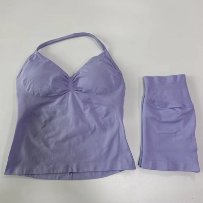 2Pcs Gym Set Women Backless Tank Tops High Waist Scrunch Seamless Shorts Gym Suit Fitness Clothes Activewear Workout Set