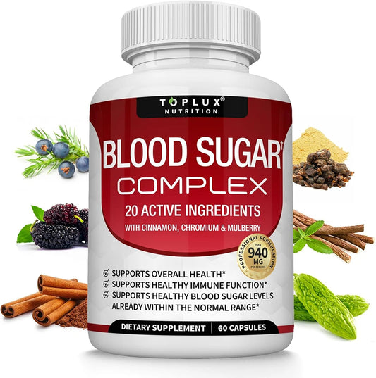 Blood Sugar Complex Supplement Balance Blend Complex for Men Women- Natural 20 Herbs and Vitamins with Cinnamon, Vegan Capsules