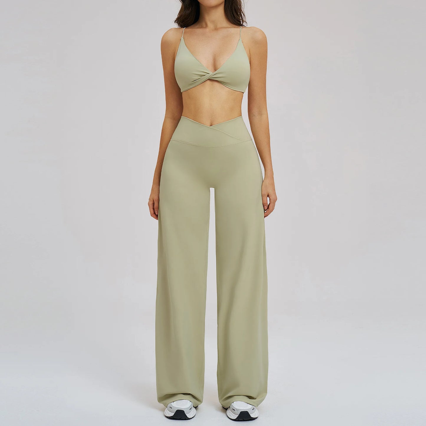 Yoga Set - Backless Bra + Cross Waist Wide Leg Pants Fitness Suit, Jogging Tracksuit Active Wear Workout Loungewear Sports Gym
