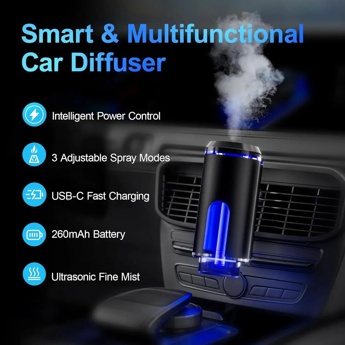 Smart Car Air Freshener Diffuser – Auto On/Off Aromatherapy Diffuse With 3 Scent Modes, USB Rechargeable, Vent Clip, Long-Lastin