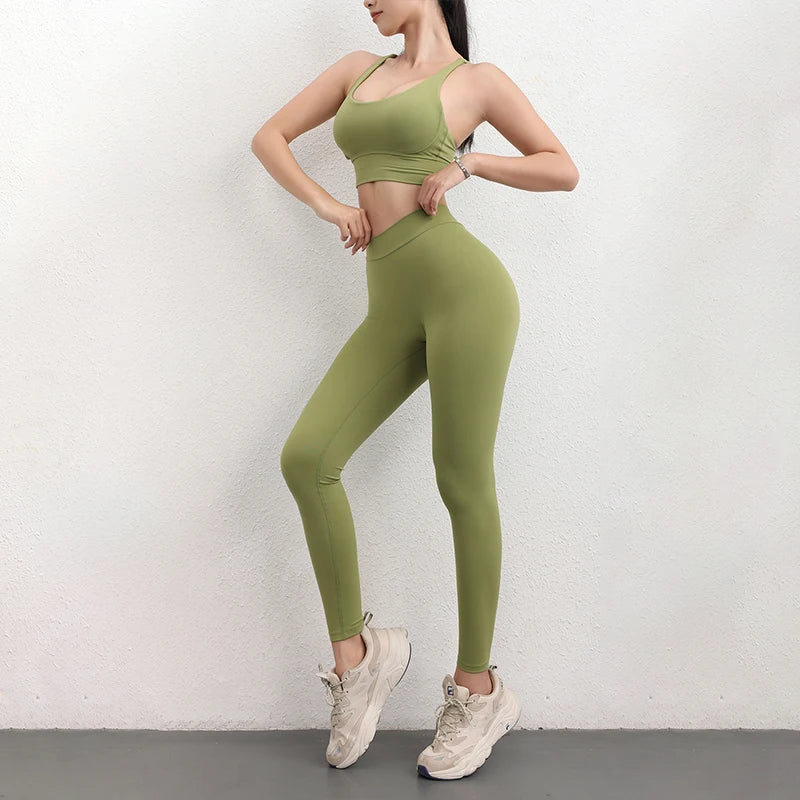 TRY TO BN Women's Tracksuit Sports Bra Fitness Yoga Set V Back Leggings High Waist Sportswear Workout Sets Cycling Gym Clothing