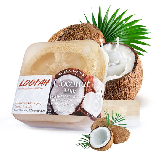 loofah Coconut essential oil soap, added with glutathione, suitable for cleaning and moisturizing the whole body, rich, delicate