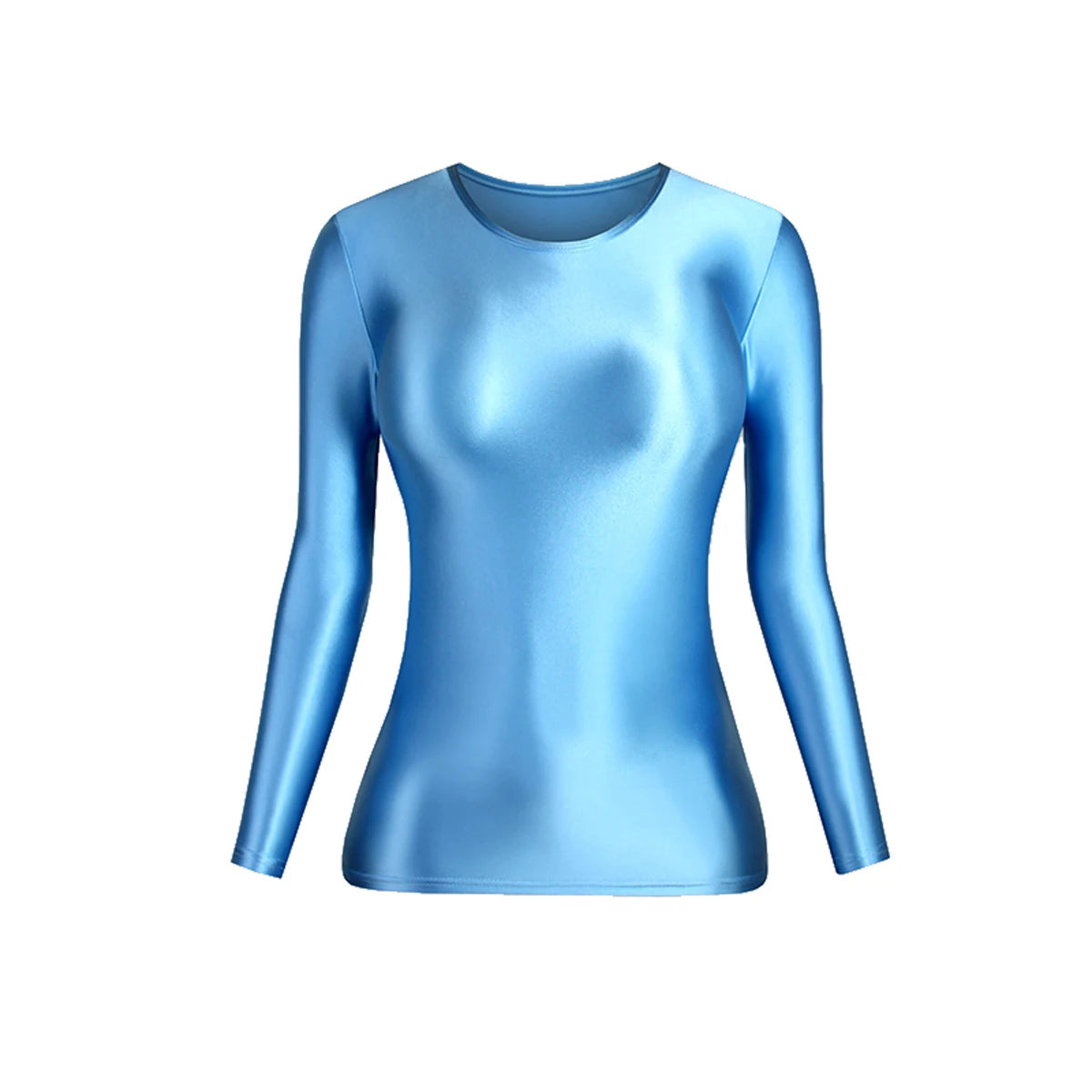 MJINM Glossy Satin Elastic Crewneck Longsleeve Breathable Tops Blouse Streetwear Sport Fitness Yoga Tees Casual Tight Undershirt