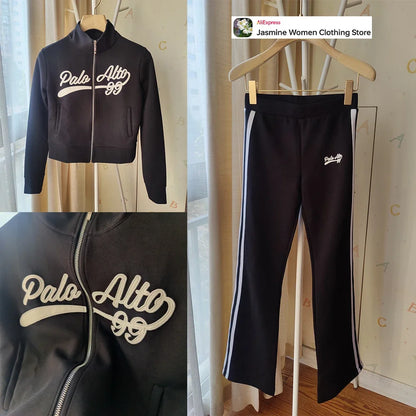 Relaxation Casual Women's Black Pants Set Embroidered Varsity Jacket Matching Varsity Flared Pants with Contrasting Side Stripes