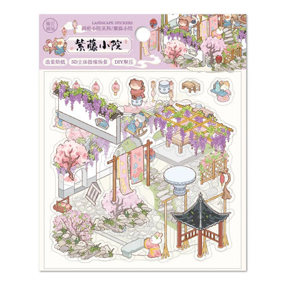 Rertro Cute Cartoon Chinese Courtyard 3D Sticker Set DIY Garden Miniature Diorama Decals Landscape Stickers for Journaling