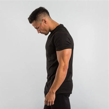 Men's T-shirt European Summer Fitness Sports Solid Cotton Elasticity Active Short-sleeved T-shirt Large Size M-2XL