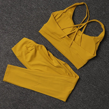 TRY TO BN Women's Tracksuit Sports Bra Fitness Yoga Set V Back Leggings High Waist Sportswear Workout Sets Cycling Gym Clothing