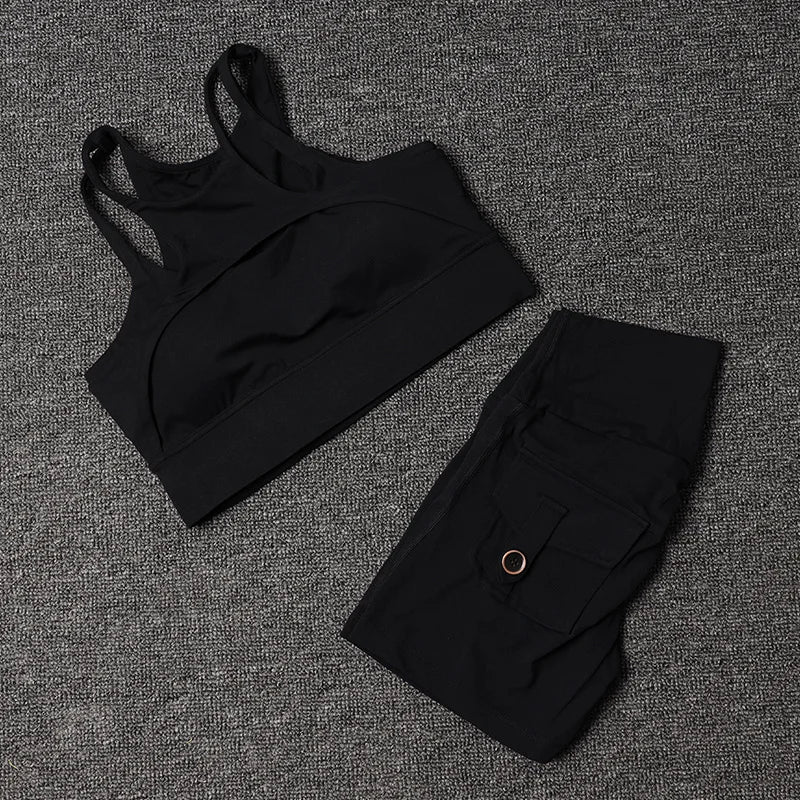 TRY TO BN Fitness Shorts Yoga Sports Bra Sets Women's Tracksuit Sportswear Workout High Waisted Leggings Cycling Gym Suit Pocket