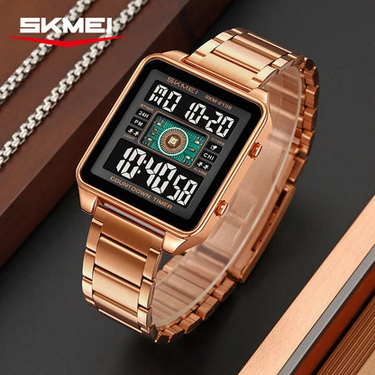 SKMEI 2136 lighting Stylish Mens Digital Watch Stainless Steel Countdown Stopwatch Wristwatch Fashion Electronic Movement Clock