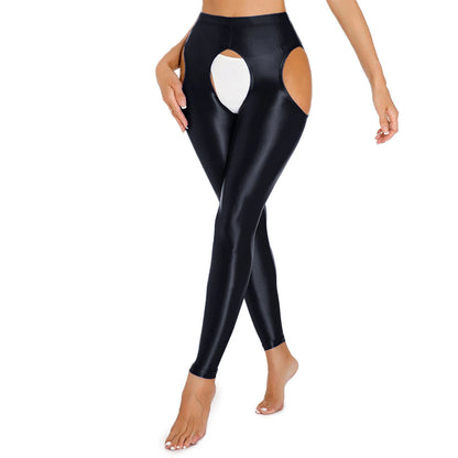 Womens Shiny Glossy High Waisted Cutout Open Crotch Leggings Hollow Out Crotchless Stretchy Tights Pencil Pants Long Trousers