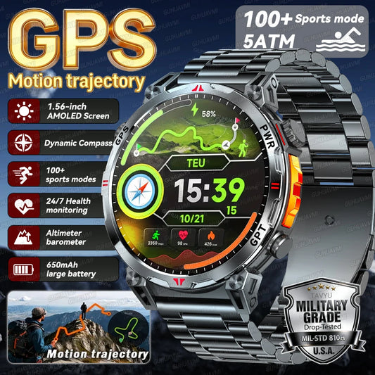 2026 Outdoor GPS Sports Smart Watch Men Built in GPS Compass 5ATM Waterproof Bluetooth Call HD AMOLED Screen Fitness Smartwatch