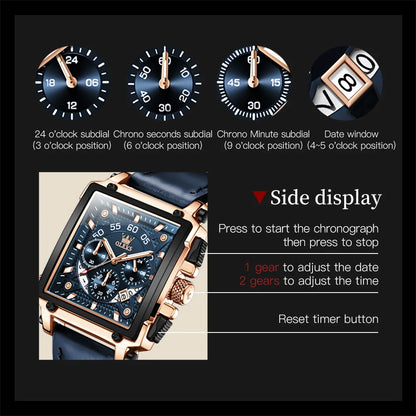 OLEVS 9919 Chronograph Multifunctional Quartz Men's Watch Leather strap 45MM Square Big Dial Leisure Sports TOP Brand Male Watch