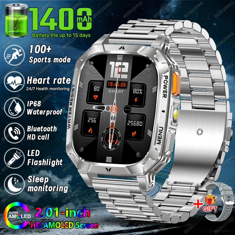 2026 New 1400 mAh Battery Military Grade Smart Watch Men IP68 Waterproof 100+ Sports Modes Bluetooth Call AMOLED HD Smartwatches