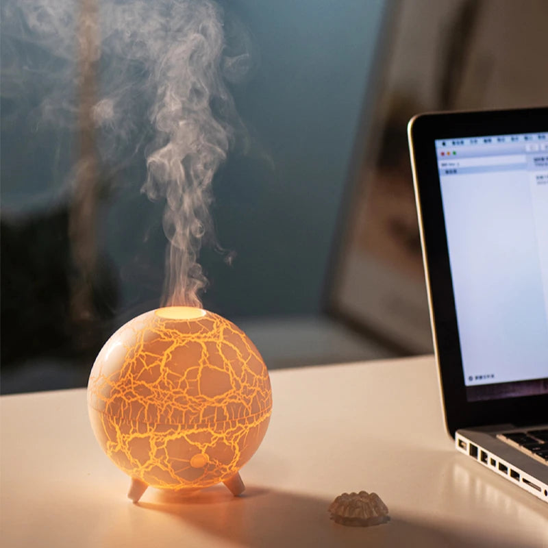 Creative Planet Aroma Diffuser USB Powered Color LED Night Light Flame Crack Projection Humidifier for Bedroom Air Purification