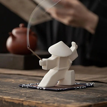 Incense Stick Burner Unique Delicate White Porcelain- Chinese Ceramic Samurai Censer Holder Home Decor Kung Fu Ceramic Sculpture