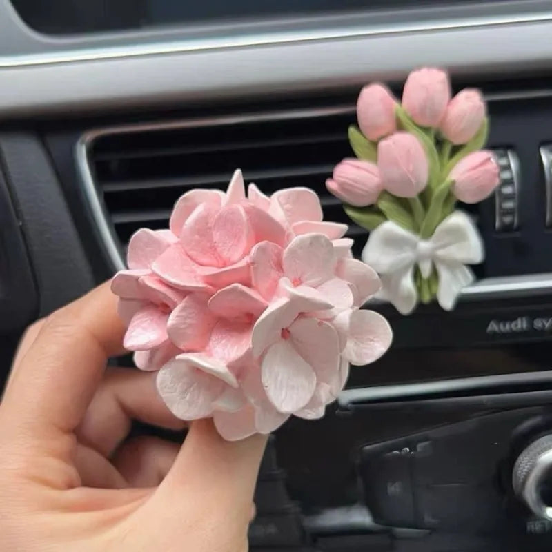 Premium Car Aromatherapy Diffuser Stone - Tulip Hydrangea Air Vent Clip Interior Decor Ornament