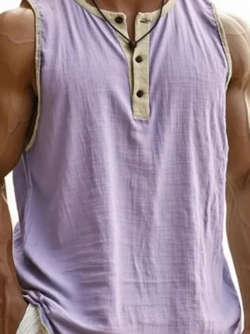 Summer 2025 Men's Fashion Cotton Sleeveless Fitness Casual Vest Color Block Trendy Button Decorated Loose Fit Sweat Wicking